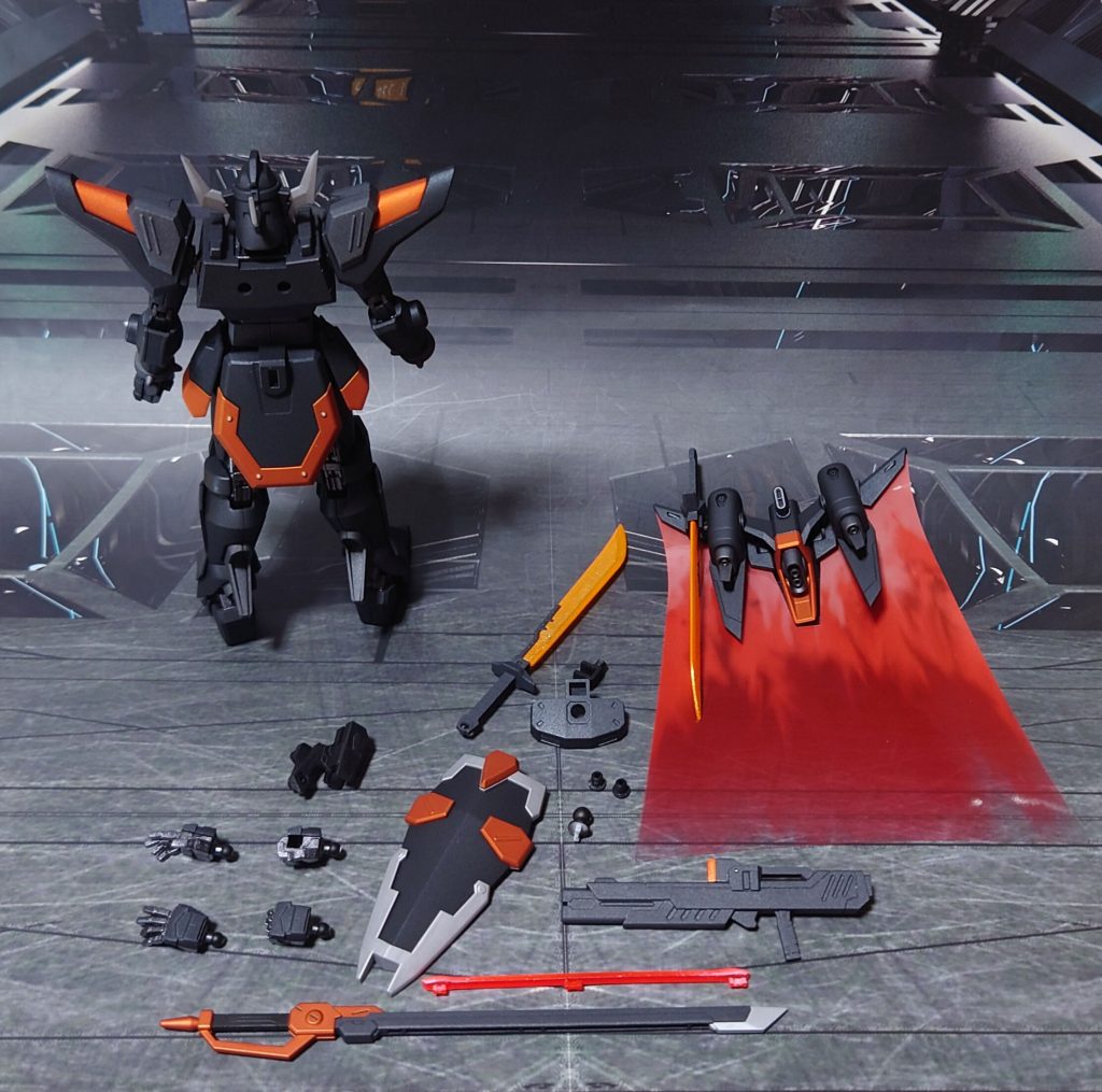付属品一式。■塗装レシピ黒：黒サフ→メタリックブラック→つや消しオレンジ：黒サフ→シルバーリーフ→メタリックオレンジ→つや消しグレー：黒サフ→ブライトガンメタル→つや消し銀：黒サフ→シルバーリーフ→つや消し関節類グレー：黒サフ→ガンメタル→光沢対艦刀/ソードラック、ジョイント類：黒サフ武器類黒：黒サフ→MSグレー連邦系→つや消しビーム刃エフェクト：中央にメタリックレッド→外側にベースホワイト→全体に蛍光レッドヒートソード刃：シャインシルバー→蛍光オレンジその他部分塗装、墨入れ：ガンダムマーカー各種→つや消し