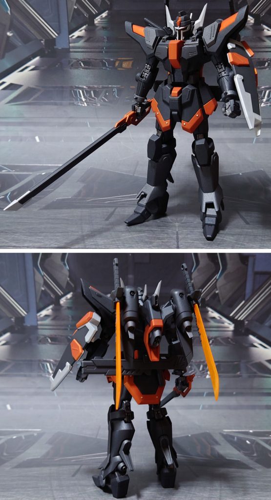 リデラード機、通称“ガーネット”の前後ろ。工作は、ゲート痕処理、パーティングライン・段ズレ・ヒケの対処、面出し、市販パーツ貼り付け・埋め込みによるディティールアップを実施。手首を30MMのオプションセットに差し替え、武器持ち手・握り手・平手を用意しました。また、SEED FREEDOM作中ではルドラの武装は全て共通でしたが、オリジナル要素としてヒートソード二振りを用意、二刀流の騎士としました。