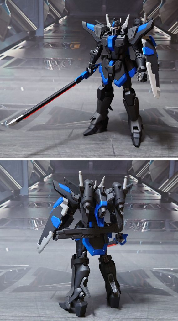 ダニエル機、通称“サファイア”の前後ろ。工作と手首はリュー機と同じ、ダニエル機はシンプルなビームサーベル2本挿しに変更。HG ガンダム(ジ・オリジン版)のサーベルとラック、青いビームサーベル刃エフェクトを使用します。