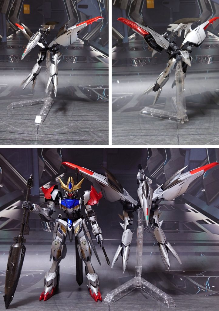 アメイジングブースター天式(てんしき)の前後ろとサイズ比較。カラーリングについては、原型機であるバルバトスルプス、及びモビルアーマー・ハシュマルを意識した配色(+少々の手抜き)で、フルメタリックオリジナルカラーに仕上げました。