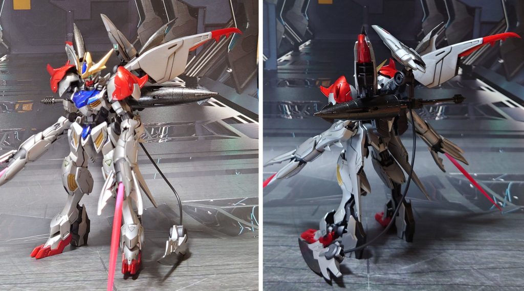 第紅形態から腕にクローを装着した、第獣(だいじゅう)形態で前後ろ。クロー部分中央の穴、バックパックのスラスター中央の穴には、丁度いいサイズの穴があるので、適当なビームサーベル刃と、ビルダーズパーツ:MSエフェクトを用意しました。