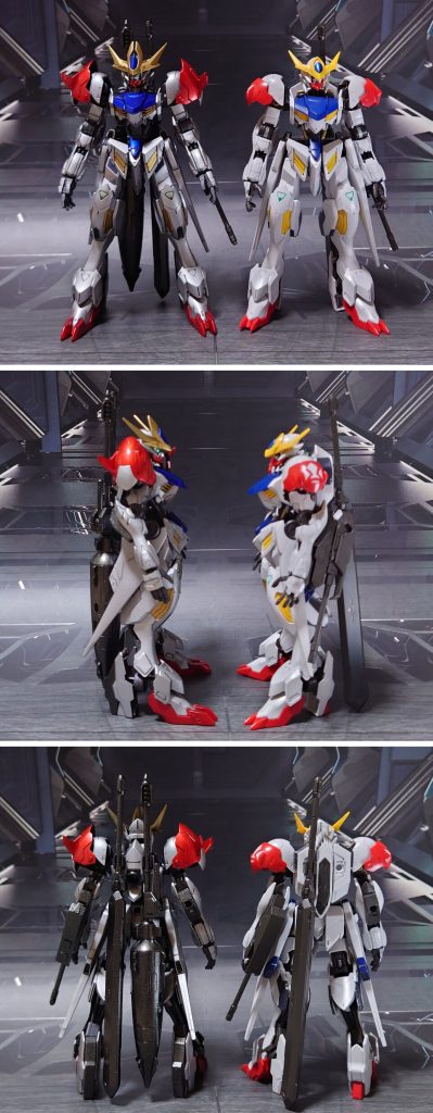 原型機のガンダムバルバトスルプスとの比較。■塗装レシピ銀:黒サフ→シルバーリーフ→光沢青:黒サフ→シルバーリーフ→レーシングブルー→光沢赤:黒サフ→シルバーリーフ→メタリックレッド→光沢金:黒サフ→ゴールド→光沢黒:黒サフ→メタリックグレー→つや消しフレーム類グレー:黒サフ→ガンメタル→つや消しポリキャップ:PPプライマー→ガンメタル→つや消しジョイント類:黒サフビーム刃エフェクト:先端側にメタリックレッド→根元側にベースホワイト→全体に蛍光ピンクスラスター噴射エフェクト:先端側にメタリックブルー→根元側にベースホワイト→全体に蛍光ブルーツインアイ、センサー類:キット付属シールを使用その他部分塗装、墨入れ:ガンダムマーカー各種