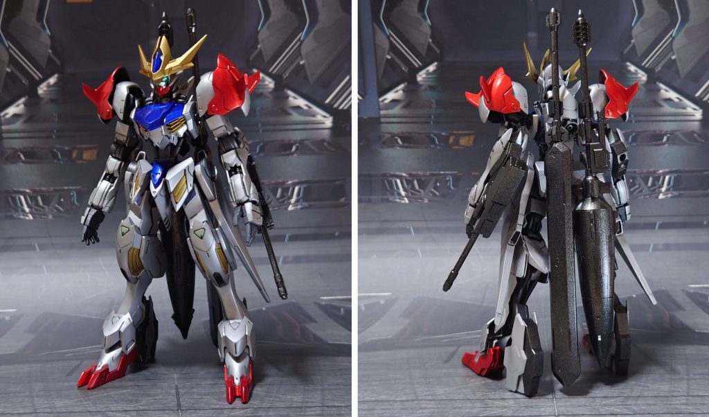 アメイジングバルバトスルプス、基本形態の第8形態で前後ろ。基本工作として、ゲート痕処理、パーティングライン・段ズレ・ヒケの対処、面出し、首裏・足首の肉抜き穴埋め、一部パーツの合わせ目消し、エッジ尖らせ、市販パーツ貼り付け・埋め込み、腰の2mm延長によるディティールアップ。手首は30MMオプションセットに丸ごと差し替え、左右武器持ち手・握り手・平手を用意、接続軸が細いので、瞬間接着剤で調整しました。また、脛・足首の装甲をHGIBOバルバトスルプスレクスのものに換装し、ボリュームアップしてみました。