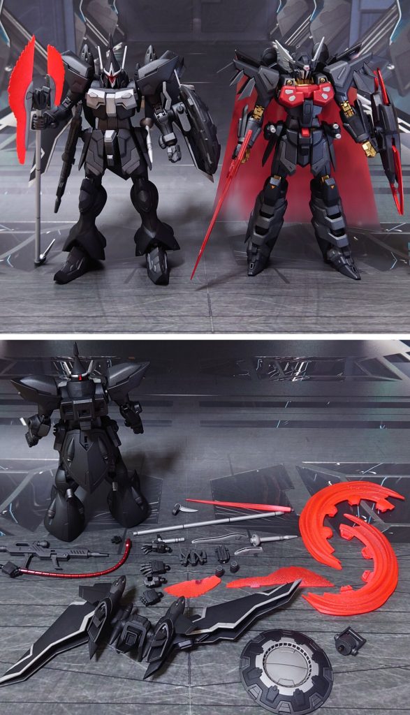 モチーフにしたブラックナイトスコード シヴァとの比較と、付属品一式。■塗装レシピ黒：黒サフ→メタリックブラック→つや消しグレー：黒サフ→ブライトガンメタル→つや消し銀：黒サフ→シルバーリーフ→つや消し赤：黒サフ→シルバーリーフ→クリアーレッド→つや消し関節類グレー：黒サフ→ガンメタル→つや消しスレイヤーウィップ赤：黒サフ→ガンメタル→メタリックレッド→光沢ビームエフェクト：先端側にメタリックレッド→根元側にベースホワイト→全体に蛍光レッドモノアイ：市販のレンズ型プラパーツ、シール素材を使用→光沢後頭部センサー、ビームライフルセンサー：市販シール素材を使用その他部分塗装、墨入れ：ガンダムマーカー各種→つや消し