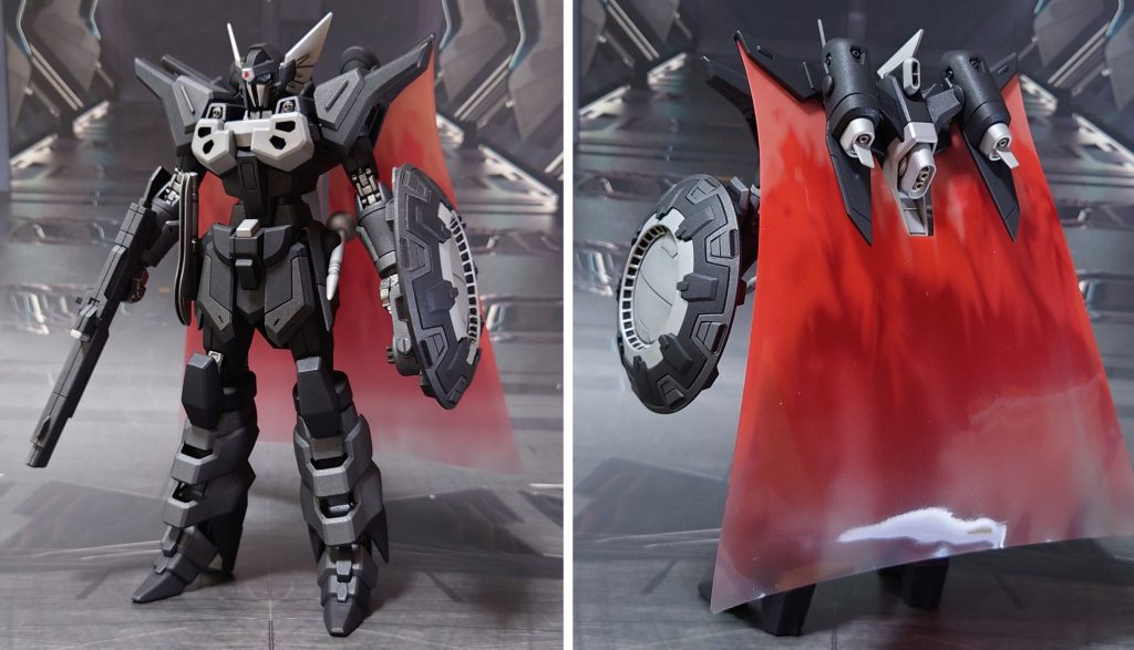 ブラックナイトスコード ブラフマ、アグネス仕様で前後ろ。腰サイドアーマーをギャンシュトロームのものに変更。そのままでは接続軸が合わないので、同じく30MMオプションセットのジョイント類を加工して接続しています。武器類はギャンシュトロームの物を共用、胸内部の針発射部には大胆に穴を空け、ギャンシュトロームの胸バルカンを差し替えで取り付けられるよう加工しました。カラーリングについてはシヴァの塗り分けに準拠、シヴァと並んだときの見栄えを考慮してアレンジしています。