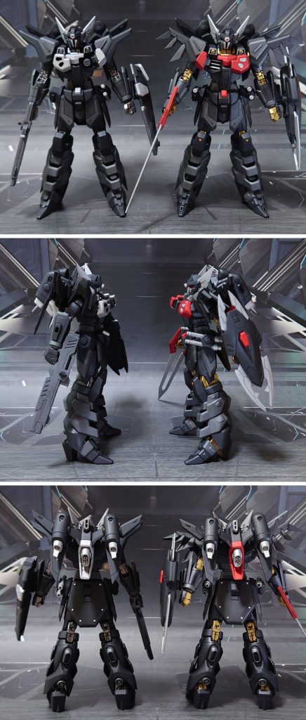 改造元のシヴァとの比較。脛当て・足首の六角形ディティール削り落とし、肩の飾り・足首ビームサーベル発生器を削ってエポキシパテで穴埋め、ついでに膝パッドの三角モールドもパテ埋めしてディティールダウン改造。胸カバーの六角形ディティールは(片方のパーツを紛失したので)穴のまま、裏側からプラ板で塞いで凹ディティール(ダクトのイメージ)に変更しました。