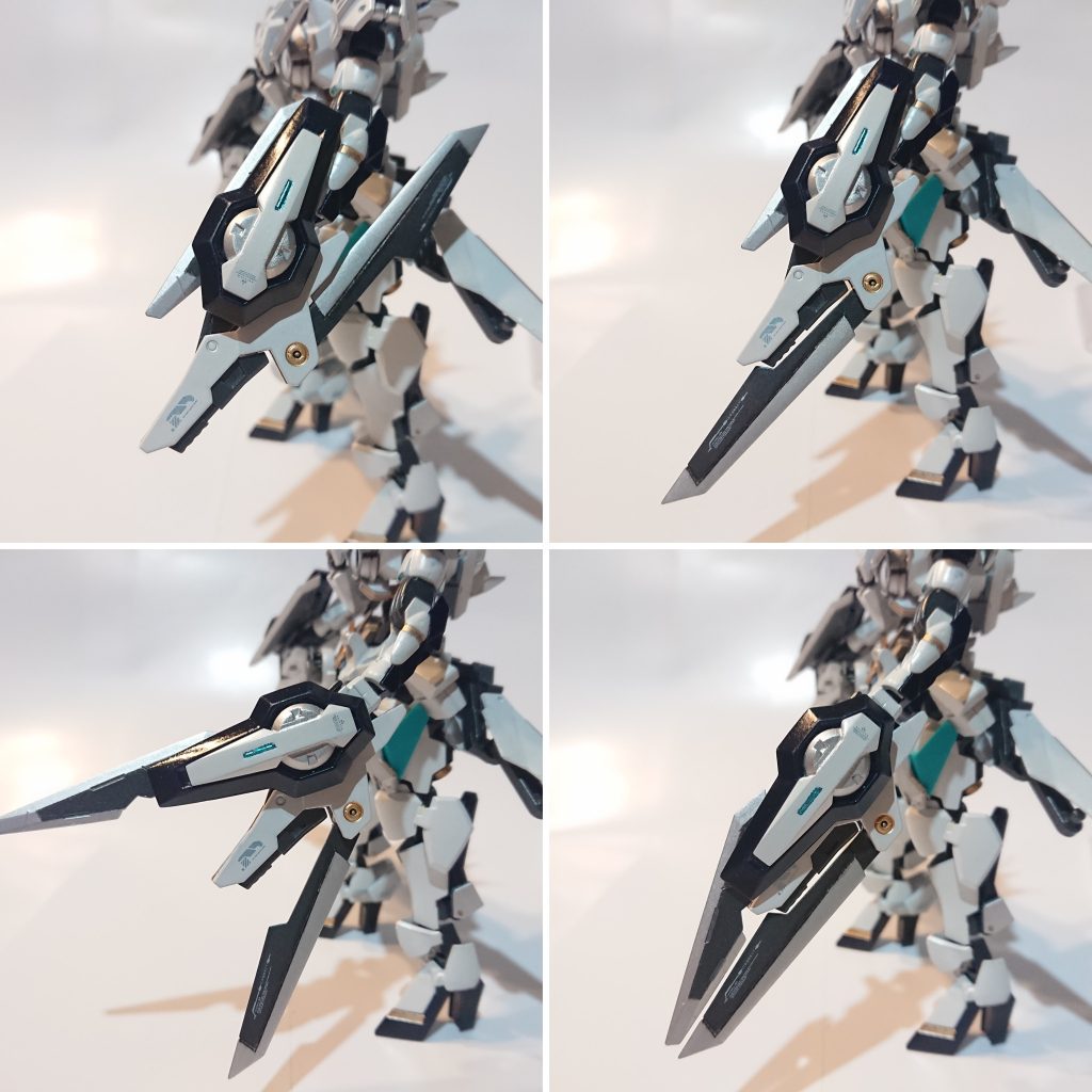 メイン武装はGNソードライフル・ツイン。エクシアのGNソードのような複合兵器であり、シールド部分を回転させることでさらにGNシザーとしても使用可能です。ぎっちょん。