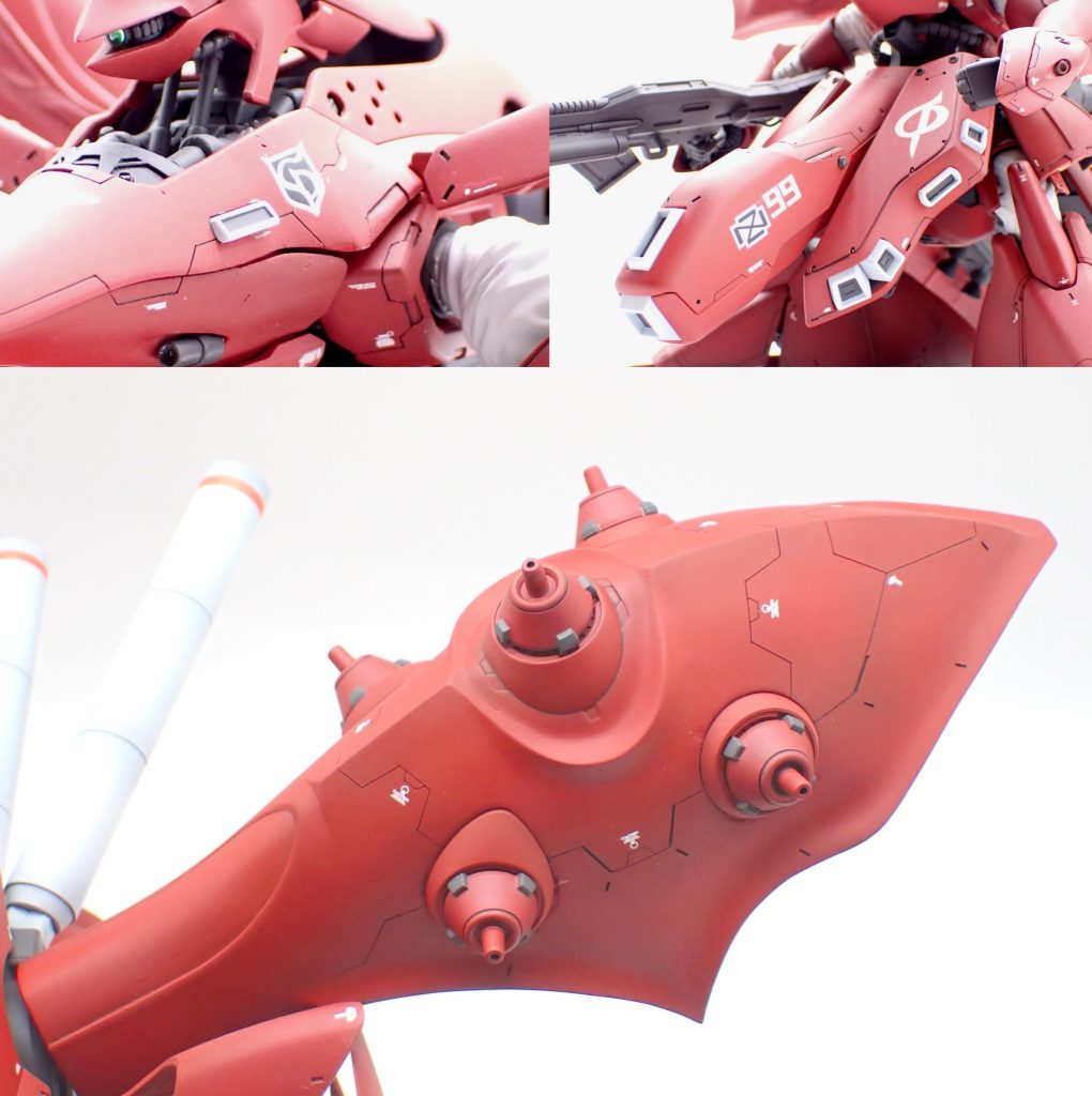 全身各所に筋彫りでパネルラインの追加、彫刻刀でディテールの掘り込み、ジャンクパーツで内部メカっぽいものを足してみたりと、頑張ってたくさん手を加えました。綺麗な曲面のラインを邪魔しないようなディティールアップを意識しました。特に脚部の筋彫りが上手くまとまった気がしてお気に入りです。 