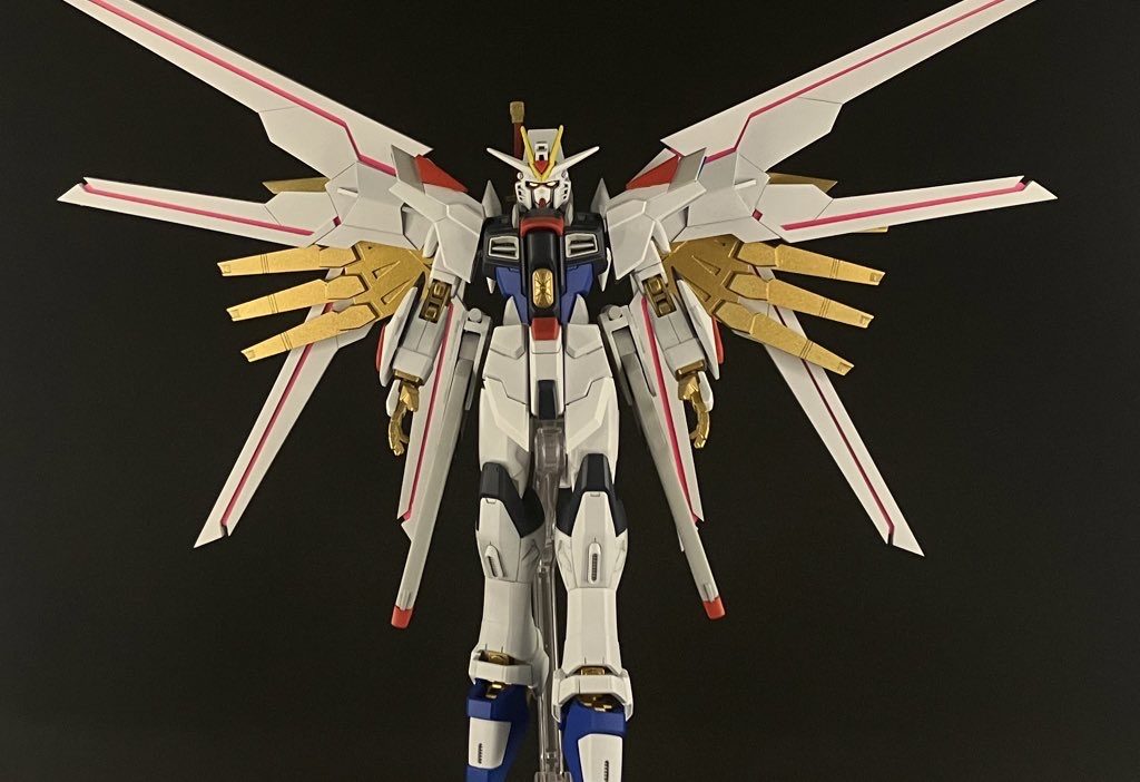 例のポーズ。プラウドディフェンダーは設定通り羽の展開が可能。中のピンク部はブラックライトにより発光可能。ドラグーンの取り外しも可能。