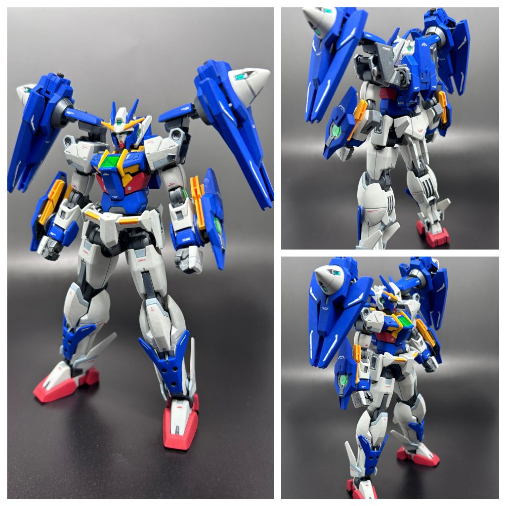 基本形態「ガンダムダブルオーエルデ」脚部と胴体はダブルオースカイに変更し、他はダイバーアークをそのまま使用。白部分=ホワイトグレー青部=エレクトリックブルー黄部=ヒロイックイエロー赤部=SZレッド関節=ガンメタル他=ライトグレーやミディアムグレー以上をファレホで塗装。