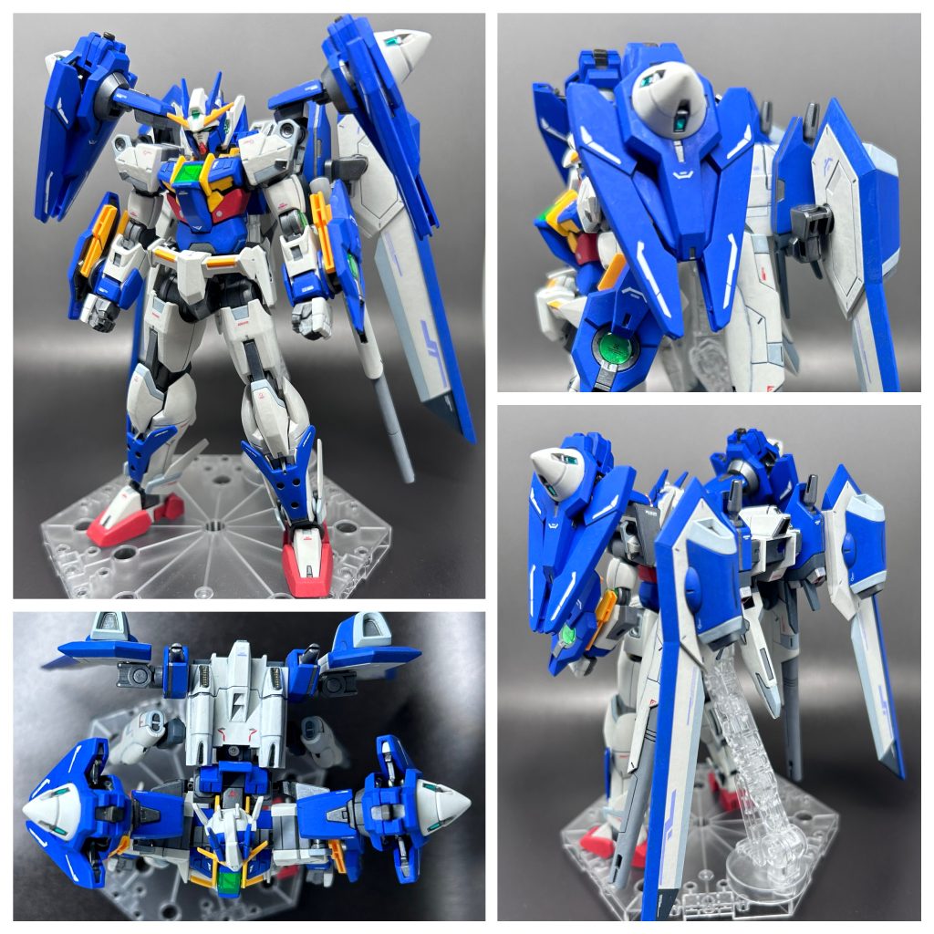 ドッキング後の形態。「ダブルオーエルデリヒト」やはりスタンド無しでは自立出来ません。ウイングこそジャスティスを使用していますが、ドッキング後はフリーダムを意識するようにしました。