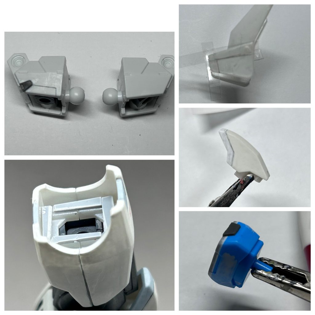 広い面に簡単なスジ彫りと胴体と太もも部にプラ板で延長工作を実際。