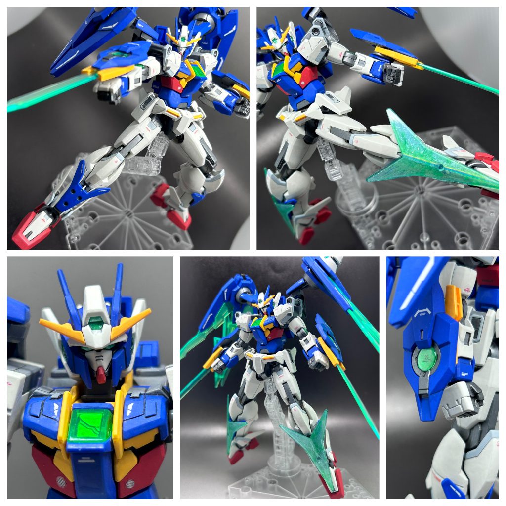 クリアパーツはダブルオースカイ脚部のみ塗装。裏からガンダムマーカーホログラフィックグリーンと表からクリアグリーンで。