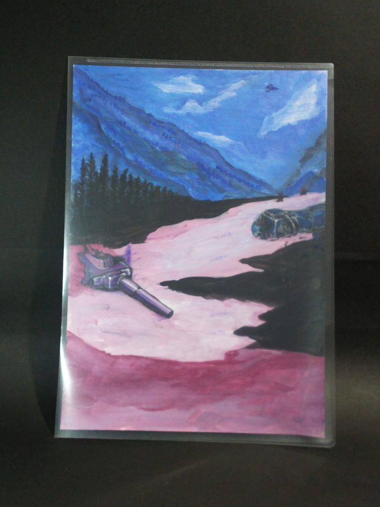 何気に時間が掛かったのは「背景」。ケント紙（イラストを描く時に使用）を使用し、下書きを箱絵を見ながらし、水性アクリルで筆塗り。あとボールペンなどでライン修正しています。完全再現ではないですがこんなもんでしょう。 