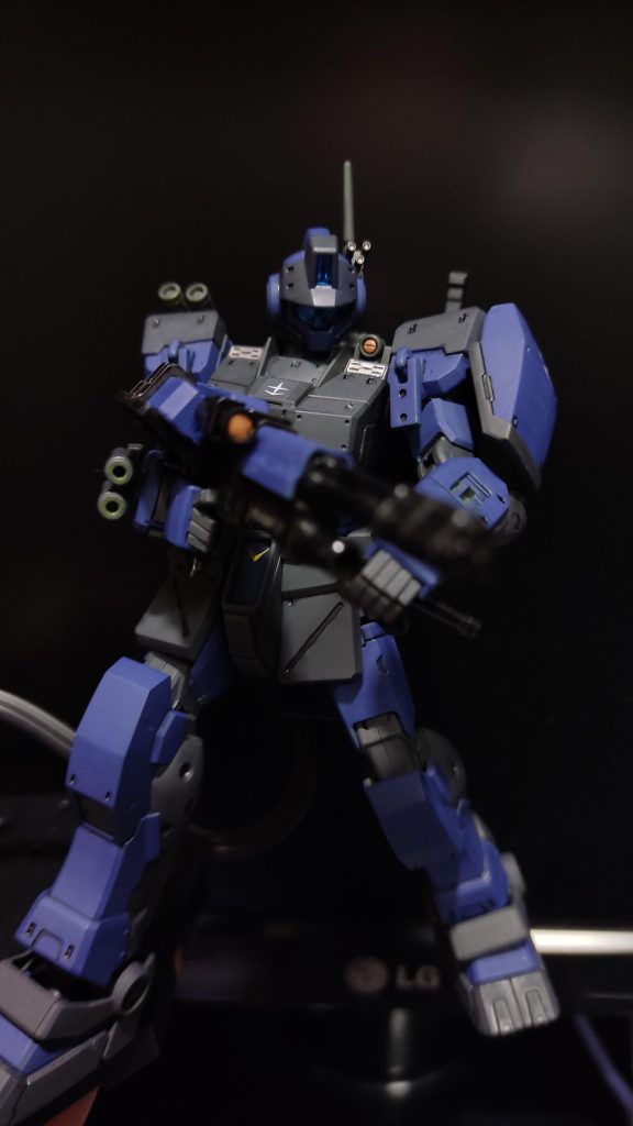 ライフルを持っています。ちなみにポージングは息子がやってくれました(写真が暗すぎて表情が見えない…)