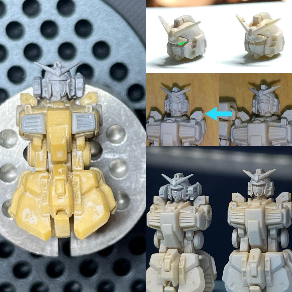 頭部眼を打ち直して、フェイスガード的なモノのボリュームアップバルカンポッドをプリンターで造形胸部黄色のダクト的なパーツのモールドが甘かったのでプリンターで造形コクピットハッチが凸ってたので、凹状に変更