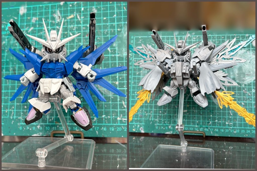 本体は、つま先と足首、腰フロント、顔のマスク以外はライジングフリーダムです。強化パーツは主に、BB戦士V2アサルトバスター、曹操ウイングガンダム、サージェントヴェルデバスターのレールガンなど。