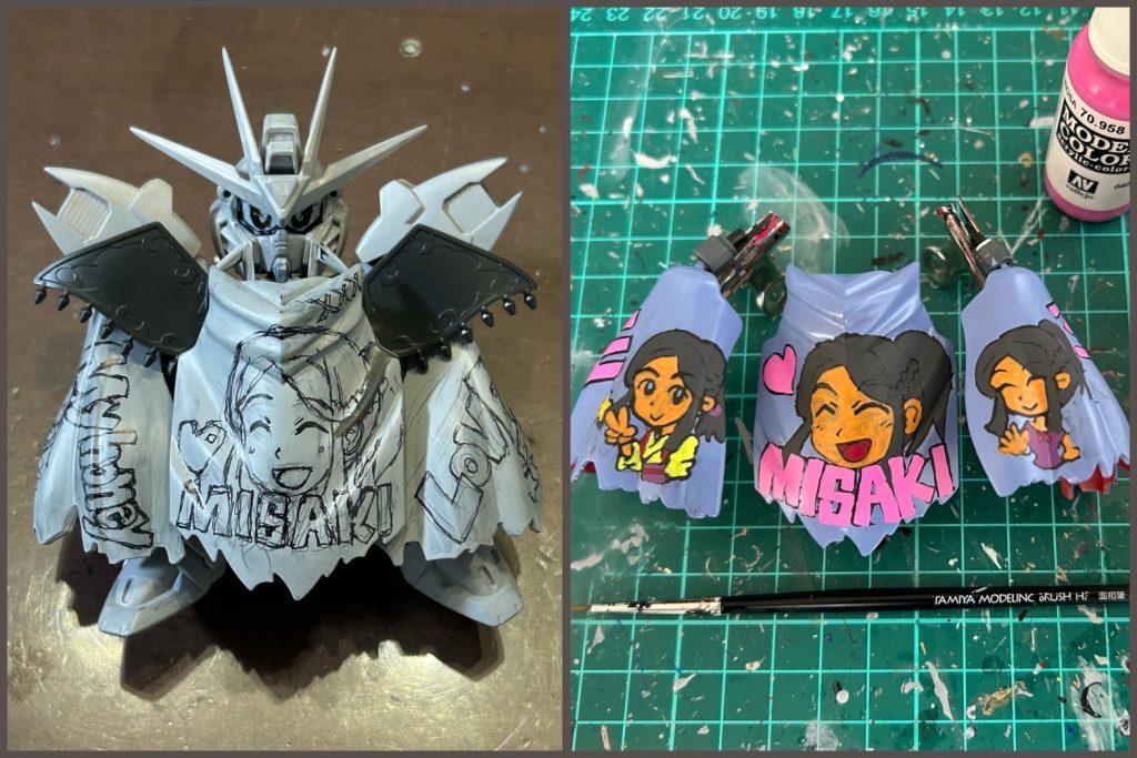 推し嫁マントは塗料(ファレホ)の手描き。