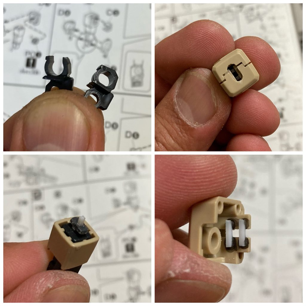 腕の後ハメ加工です。前腕はサクっと😌肩・上腕は…  ちょっと難産。穴を広げて、差し込んで90°ひねる方式にしたら、上腕が前後に動いてしまうことに😩で、困って画像のように再加工しました。