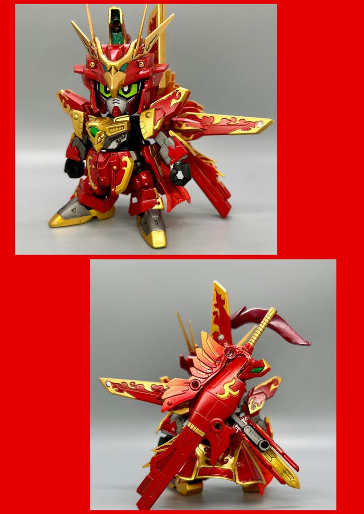 雀瞬エックス(じゃくしゅんえっくす)・南方の砂漠地帯を治めている領主の家系(=貴族)の跡取り息子。卓越した剣技、軍師としての才、炎の闘気を操る戦闘センス、政治の手腕など、様々な「技」を持つ。・ある日、謎の人物から「朱雀刃」を託された事をきっかけに蚩尤封印の為に旅立ち、後にその功績を「三候」の一人として語り継がれる事となる。・貴族としてのプライドが高く、多くの才能を持つ故に挫折した経験も無かった為、常に周囲を見下す様な態度を取っていた。しかし、劉雲達との出会いや旅の中で自分の見ていた世界が狭かった事に気がつき、態度を改める様になっていく。・演者はガンダムX3号機。MGの3号機(=1号機の改修)ではなく、劇中未登場、廃棄又は行方不明となっている方です。 鳳凰の鎧(ほうおうのよろい)雀瞬の為に劉雲が拵えた真紅の鎧(後述)。炎を扱う雀瞬に合わせ、熱に強く、軽くて丈夫な材質で作られている。背中の反射板(リフレクター)は、太陽光を取り込みエネルギー(闘気)に変換する機能を持つ。