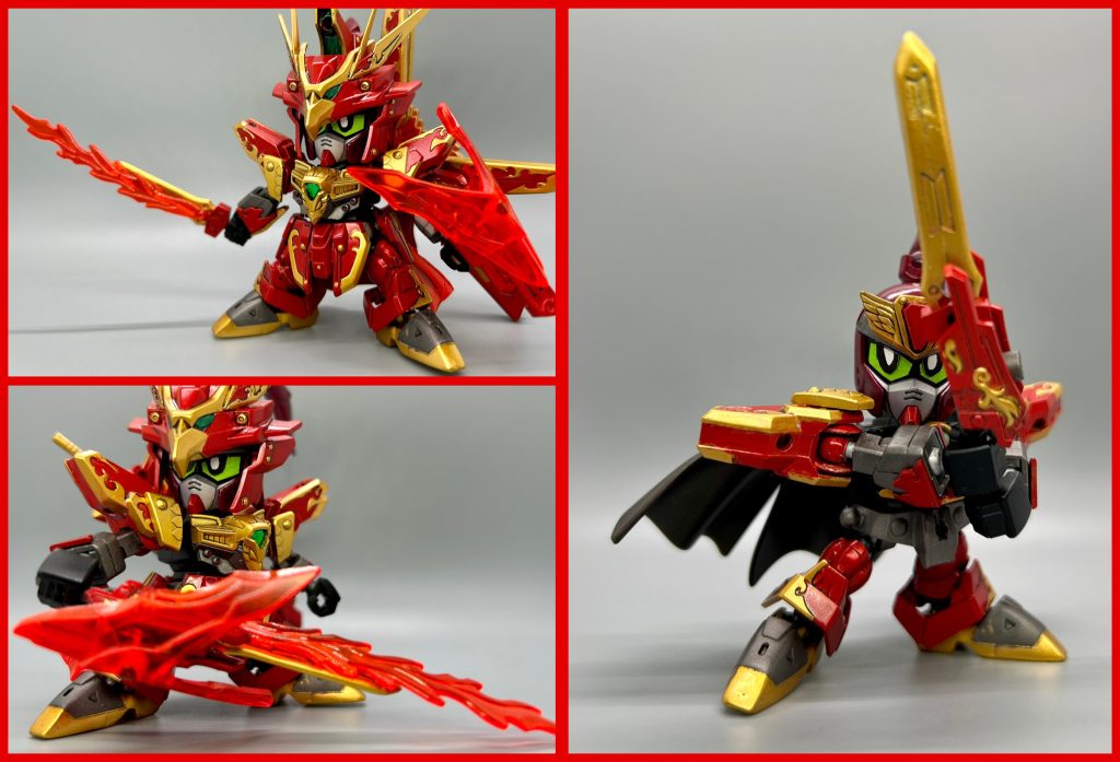 [金嘴の剣、赤翼の盾](きんしのけん、せきよくのたて)砂漠の地を治める者に代々受け継がれている宝剣・宝盾。赤翼の盾は変形機構を持ち、剣と組み合わせる事で長剣になる。どちらも炎鳳の力を上乗せ出来る程の業物である(並の武器では、神獣の力を込めると崩壊してしまう)。モチーフはシールドバスターライフル。 ※最初は盾⇔ボーガンの様な可変武器を構想していました。しかしなかなか納得いく物が作れず、特に変形機構はサイズ的にも難しく…最終的には剣+盾→長剣に、ギミックはHGAWと同様に差し替え2形態方式としました。 ▷雀瞬の体質雀瞬は「闘気を熱に変換する」体質を持っており、戦闘中に闘気を扱うと徐々に体温が上昇してしまい、長時間戦えなかった。その体質に気付いた劉雲は、彼のために専用の鎧を作成する事にした。鎧胸部に劉雲の盾と同じ性質を持つ宝玉(闘気を吸収•蓄積する力を宿す玉)を埋め込み、闘気を吸収する事で体温の上昇を抑えようと試みた。結果、彼の体質による問題が解決し、雀瞬が劉雲を認めるきっかけになったという。