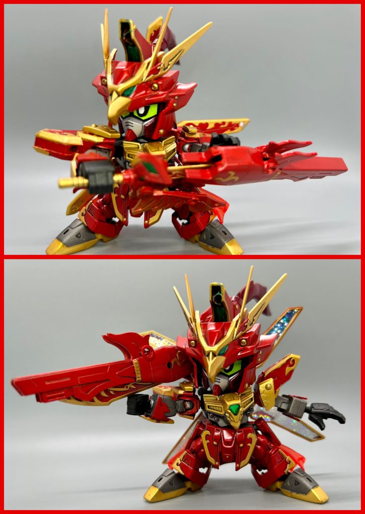 [朱鳥の鞘](しゅちょうのさや)常に高熱を帯びた朱雀刃の刀身を納める為、劉雲が拵えた朱雀刃専用の鞘。後の改造によって、鞘の先端に闘気を撃ち出す機構を増設。操炎術の力を増幅させた炎弾を放つ事が出来る様になった。背中の反射板を連動させる事で、さらに威力が上げられるようになっているらしい。モチーフはサテライトキャノン。 ※Ｑ.何故鞘がサテライトキャノン？A.サテキャの基部には大型ビームソードが装備されてますが、それが昔から剣と鞘にしか見えなかったという思い出から鞘として作成しています。ちなみに材料は、天玉鎧の銃のような形をした赤いパーツ2つとプラ板です。 サテライトキャノンモチーフなので、担いで撃つポーズは必要不可欠。ガンダムXといえばサテライトキャノン！