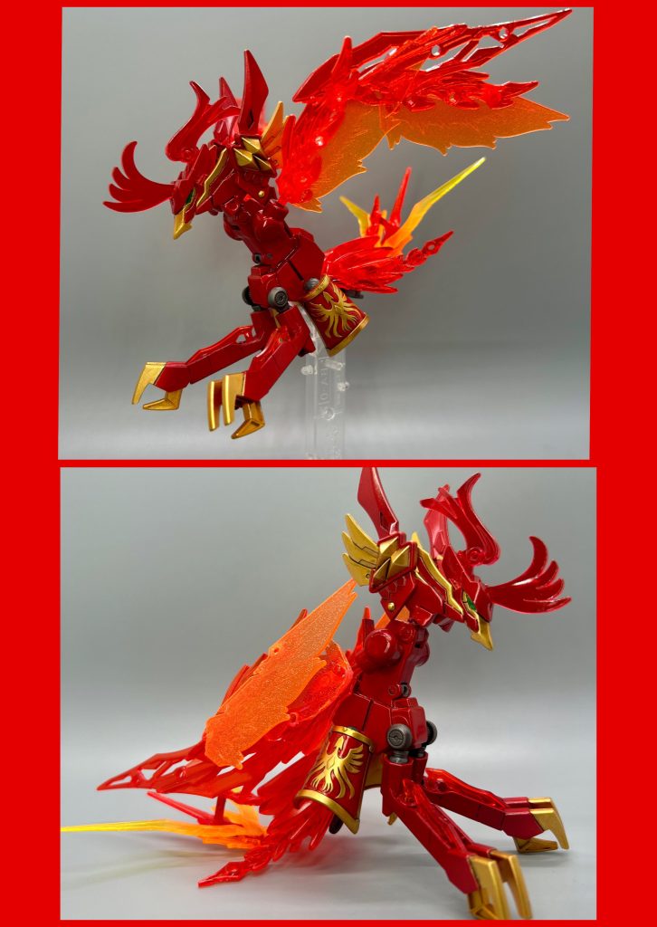 炎鳳(えんほう)朱雀刃に封印された火の神獣。雀瞬との[魂の同調]によって現世に具現化し、大空を自在に飛び回り、炎の翼で敵を焼き払う。本来神獣には性別は無いが、優しく響く声とゆっくりとした口調から、炎鳳には女性的な印象を抱く者が多い。最初は雀瞬の我儘で傲慢な態度に辟易していたが、旅を経て精神的に成長していく彼を徐々に認め、自らの力を貸し与える様になっていく。 ※材料→頭は呂布シナンジュの赤兎馬、体はトライオン3(=ZZ)の脚を使用。クリアパーツは色んな所から(正直に言えば覚えてません笑)おそらく本体よりも材料の種類が多い、という何気に豪華な作り。武者飛駆鳥の羽2キット分ですし(以前とある紳士から1セット頂いて実現した)。