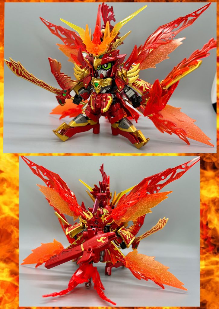 獣神形態同調レベル上昇の結果、二人が合体した形態。炎鳳の力を最大限引き出すことが出来るようになり、雀瞬の操炎術も大幅に強化される。他のコンビよりも神獣合体の完成に時間がかかったが、紆余曲折あって信頼し合える様になった二人の絆の証とも言える姿である。 モチーフは変わらずガンダムX＋武者で言うところの大将軍的な豪華絢爛さを目指しました。 ※兜と肩に盛る、下駄を履く、翼でX字、余り物は背負わせる…といった感じの合体です。トサカも含めると全高がかなり高くなり、バインダー＋炎の翼で横幅も過去最大級！下駄とか額の飾りとかその他諸々で大将軍感が出たか…は分かりませんが、単純にデカくなって豪華な感じには成ったかと。