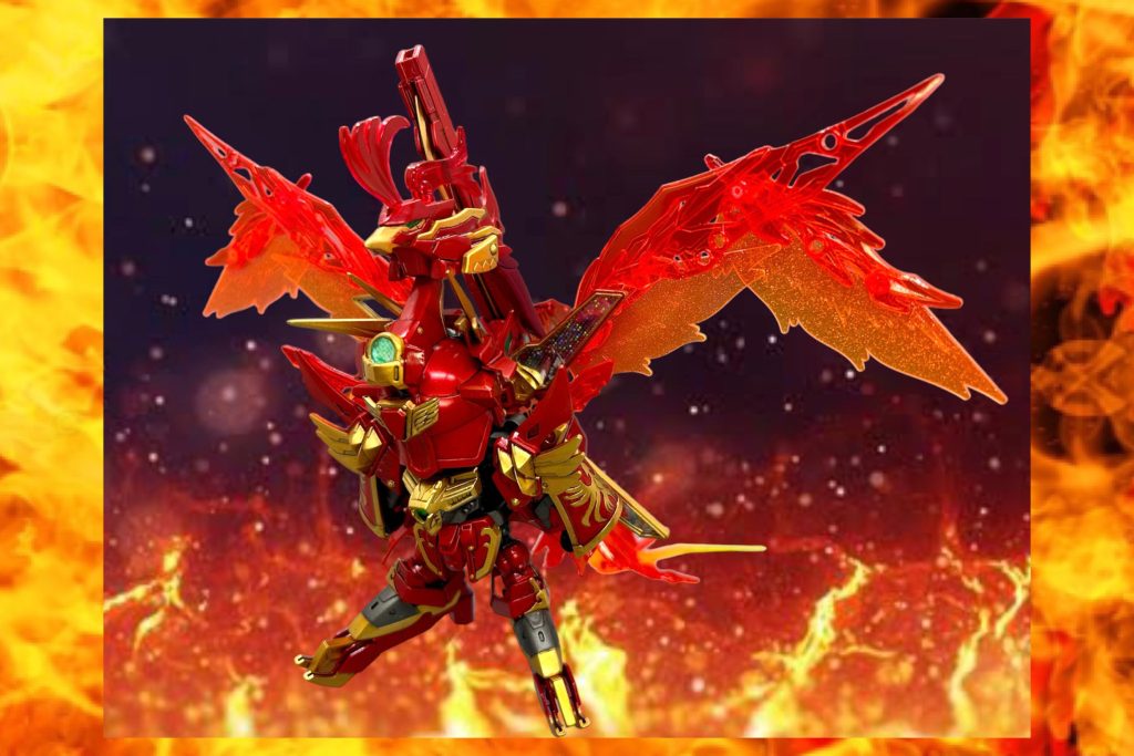 神獣・朱雀形態同調の最終段階[神獣化]によって雀瞬と炎鳳が一心同体となり、伝説の神獣•朱雀となった形態。炎鳳の本来の姿でもある。太陽の様に常に燃え盛り、翼を軽く振っただけで超高温の熱風が吹き荒れる。古の伝説によると、「その朱き鳥の神、羽ばたく姿は太陽の如く、その翼は青天を紅蓮に染める」とされている。 ※もはやお約束の合体からの変形です。可動域は脚と翼くらいなので、オマケのオブジェくらいに捉えて頂ければ幸いです。組み替えで一応全パーツ使用(エフェクトなどは除く)で余剰無し。エラい。注目のポイントは、兜のトサカ？部分を鳥の首に見立てたとこです！