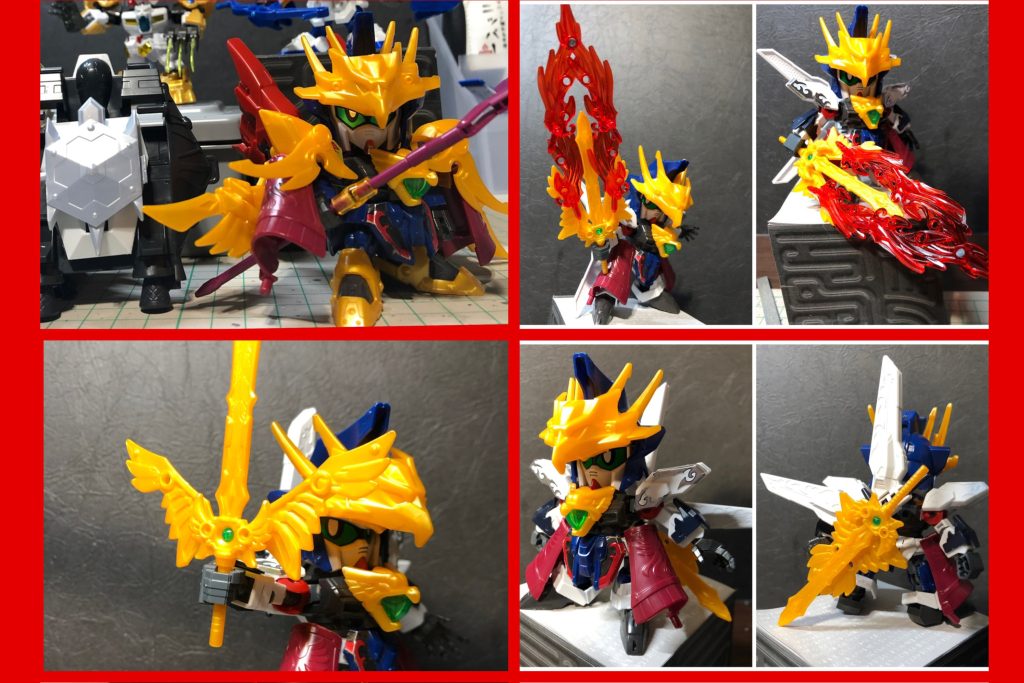 制作工程※この先特に文字数が多くなりますので、２つに分けております。スルー推奨ですが、目を通して頂けるととても喜びます。 ・モチーフ問題曹操の演者がDXなので、今回はX系で最古機orマイナー機にしようとしたのですが…そもそもX自体が物語の15年前の機体なんですよね。で、色々調べていたらXは3機あって、1号機はガロードが乗った機体、2号機はジャミルが戦時に乗っていた(後にDXに改修された)機体、そして3号機は廃棄(⁉︎)ならば廃棄されたはずの3号機にしよう！と決定。 ・ミキシングXのデザイン、とても好きなんですが…曹操はDX、曹丕はXディバイダーが演者で当時モヤっとした思い出が。それもあって、サテライトキャノンでお馴染みのXを目指すことに。(3号機も多分1号機と同じ装備のはず)最初期は四神の4人=RPG的なパーティ編成で、魔法使いポジでした。後に剣士に変更、パーツ自体はそこまで変わらず。あとはギミック云々を詰めていくはずが…しばらく放置＆他を先に完成させ、結果2年近くかかってしまいました(；´Д`A翼が両側に開くタイプの剣も結構好きでした。