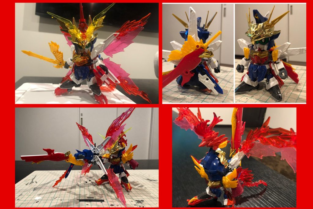 制作工程の続き・材料芯に(多分)LGBB武者頑駄無、鎧などは主に同じXモチーフのアルセーヌガンダムX、曹丕ガンダムを使用。その他三国伝、創傑伝系のパーツなど色々使っております。細かい所は写真が参考になれば良いのですが…。ちなみに今回のMVP(最もヴァッチリハマったパーツ)は兜に使った天玉鎧の鳥頭パーツ！初期稿からこの閃きは手放せませんでした。 ・カラーリング朱雀モチーフとの兼ね合いで赤系か、元のXに則り白系か、どっちにするか結構悩んだのですが…私の推しのラングレー様が「3号機、私が気に入ったら…赤く塗り替えてよね」と仰っていたので、赤(と金)を基調として好き勝手に塗りました(お前は何を言っているんだ？) …というのは半分冗談で(；´Д`A 四神伝の主人公である劉雲が白＋青なので対比的な色合い、且つライバル的なポジションの雀瞬はやはり赤系かな、と。曹操(三国伝)の小豆色に合わせる案もありましたが、ヒロイックさ重視でど直球レッドにしました。軽装頭とポニテが小豆色なのは、そのボツ案の名残です笑 ・塗装今回初めてラッカー塗料の上に水性塗料を重ねて、マジックリンで拭き取るやり方を試行。私はマスキングが苦手でよく失敗してましたが、今回の拭き取り式で塗装への苦手意識が少し和らいだので、同じ様なお悩みをお持ちの方にはぜひ一度試してみて頂きたい。オススメ！ ここまで書いて製作工程の文字数がえげつない事になってるのに気がつくw虎暁の約3倍書いてますね…(赤いからかな？)劉雲見返したらさらに少ねぇっ！ってなる笑
