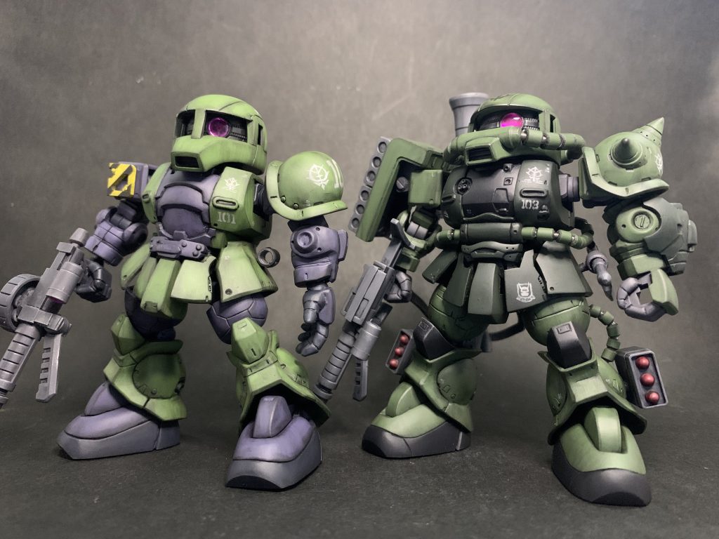 汎用機じゃなくて個人専用機にした方が個性が出ていいな〜と思いながら作った2機でした。ホントは、ザクⅡでデニム、ジーン、パチェコ、シャア機を作りたいと考えていましたが、同じような機体を作るのはモチベーション面でやる気が起きないので多分今後もパチェコ機は作らないと思います(笑)シャアザクは制作予定ありです。