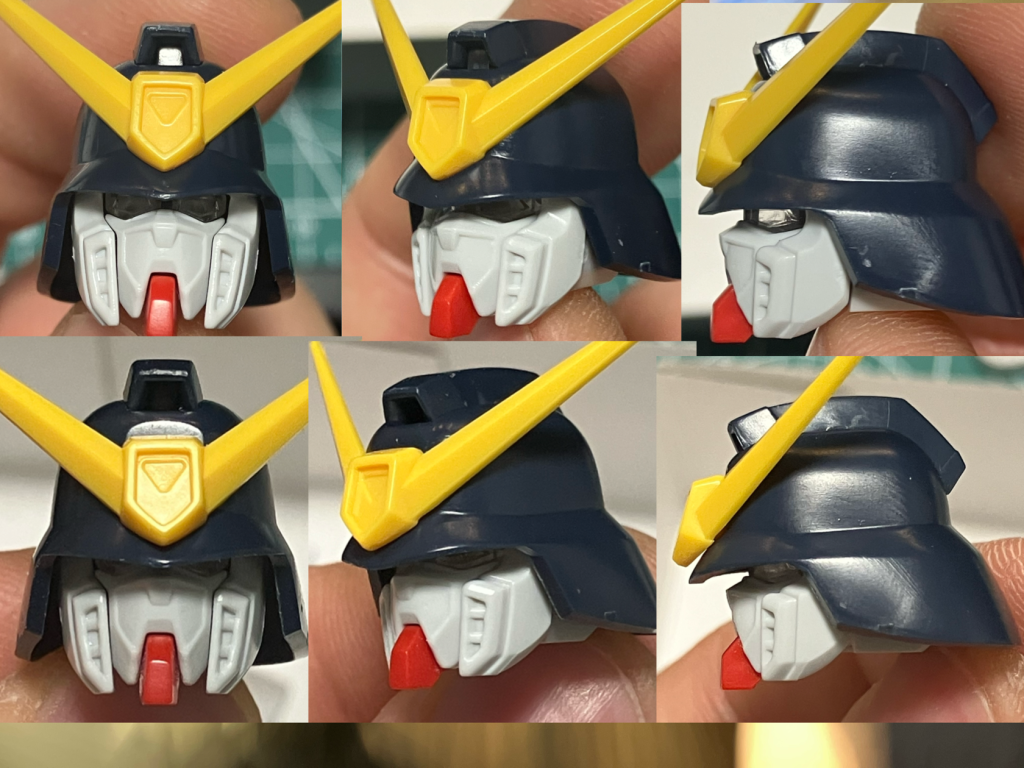 頭部のビフォーアフターです。メットを深く被れるように内部を削り込んで調整しました。