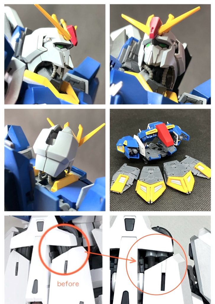 さてディテールの追加です。今回は劇中のイメージを強調したいし、デカールも多いので、スジボリは追加しませんでした。（メンドクサカッタ…）Ver.Kaの首は可動域の確保のために変な形をしています。上を向くと隙間が大きいので、ビルダーズパーツの動力パイプでディテールを追加。動力パイプは首の動きに合わせてウネウネと動きます。パイプは、胸部に埋め込むと変形ギミックの邪魔になるので、後頭部側に回しこんであります。邪道な感じですが、これなら後ろにも動力パイプがあるように見えて一石二鳥です。ただの平面だったバーニアスラスターやダクトの内部にはプラ板や筋彫りでフィン状のディテールを追加しました。リアスカートの接続部分にあるイミテーションの動力パイプは、プラパイプと軟質素材で作り直しました。