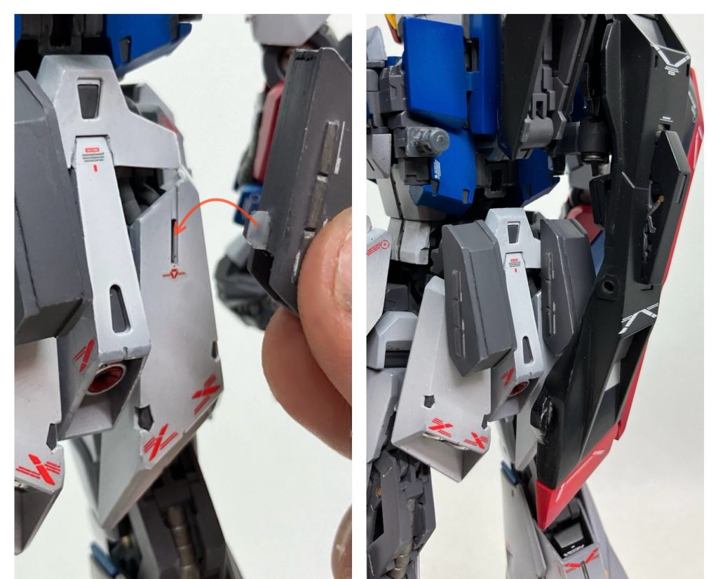 Mk-Ⅱの場合、ビームライフルのスペアEパックはシールドの裏にマウントされていますが、ゼータはその辺の描写があやふやです。ZZで、シールドの裏から取り出しているようなシーンがあったように思うのですが…。だとしても、変形のことを考えるとシールド裏はあり得ません。で、目を付けたのがスカートのリアアーマーのスリットです。確かここはウェポンラッチという設定があったはず。ということで、スリットを彫り込んで貫通させ、ビームライフルのスペアEパックをマウントできるようにしました。スペアのEパックはプラ板で制作。少し上方に装着しているのは、背面のフライングアーマーと干渉しないようにするためです。