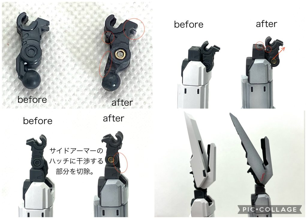 サイドアーマーのジョイントパーツは、かなりいじりました。MS形態時の位置調整のためにプラ材を噛ませたり、WR時にしっかりロックできるようにフック状に加工したりしました。またサイドアーマーの上面を延長したことで、WR形態時にビームサーベルラックのハッチが開かなくなってしまいました。そこで干渉するジョイントパーツの形状を変更して対応。念の為、真鍮線を埋め込んで強度を上げてあります。