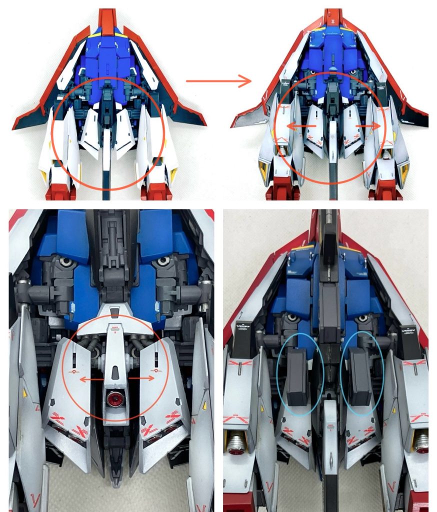 スカートのリアアーマー周辺もなんだか貧弱です。裏側にあるハンドパーツがちら見えしているのも気になります。そこで、リアアーマーを左右に3ミリずつ広げるギミックを追加しました。軟質素材に変更した動力パイプもしっかり変形に対応していい感じです。リアアーマーが広がることで、WR形態でもテールスタビライザーに干渉することなくスペアEパックを装着できるようになりました。