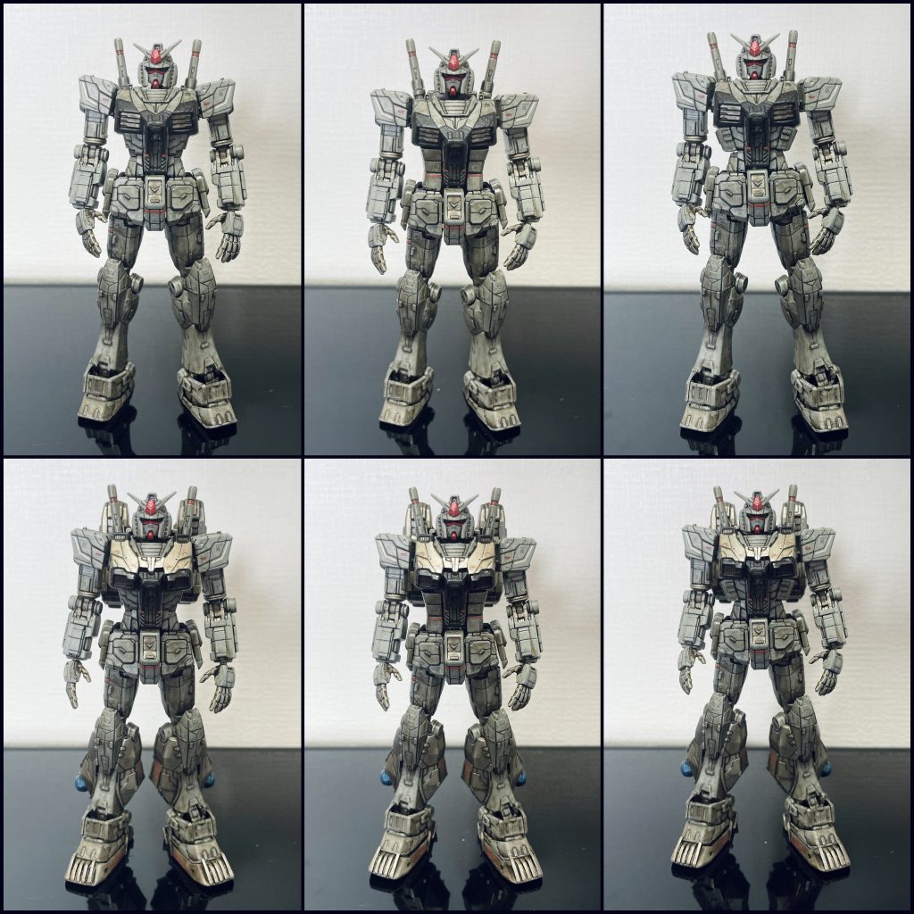 オリジナルではウェストがかなり絞られていて、自分好みではなかったことから、オリジンガンダムの余剰パーツを挟むプランAと、食パン留め具のプラバンで厚みを出すプランBの2案を考えました。結果的にはプランBに落ち着きましたが、塗装イメージをあわせて換装を可能にしてみました。オリジナル・プランA・プランBの比較写真です。