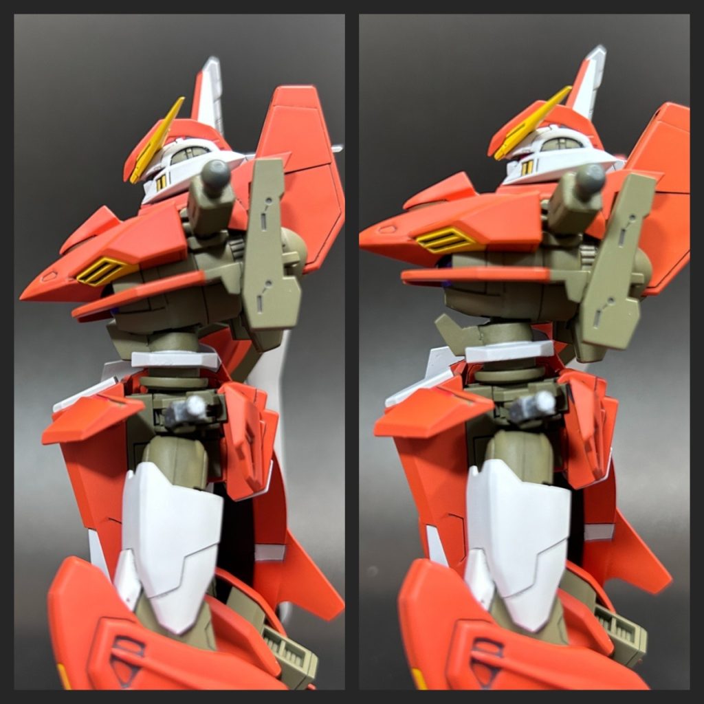 腹部には、腰との接続にデスティニーのボールジョイントを、GNドライヴとの接続部にC型ジョイントを仕込んだので、前後左右にスイングさせることができます。