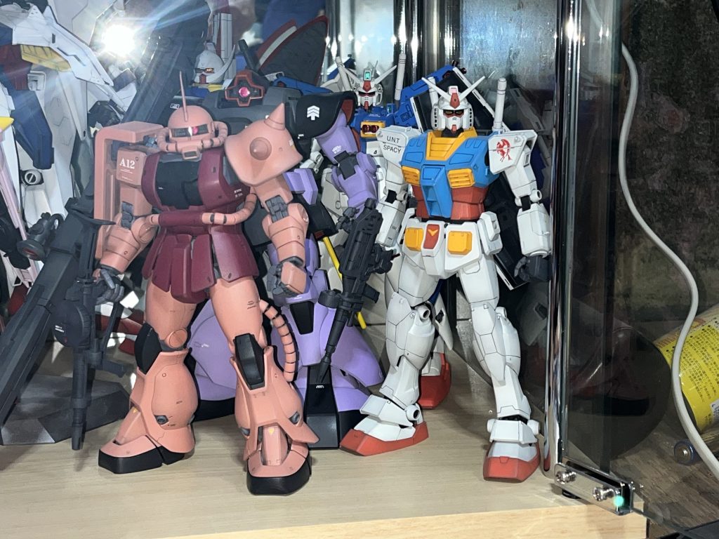 ガンダムと並べてみました。ガンダムはスリムな分少し小さく感じます。ドムでかいな。