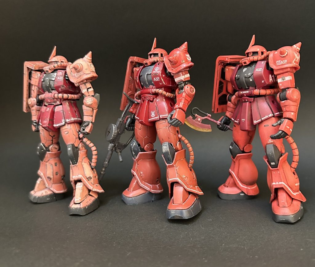 今回作った３機です。色が違いますね。塗らなかったからこそ、わかったことかもしれません。プラモデル完成品　２０２４　その１８