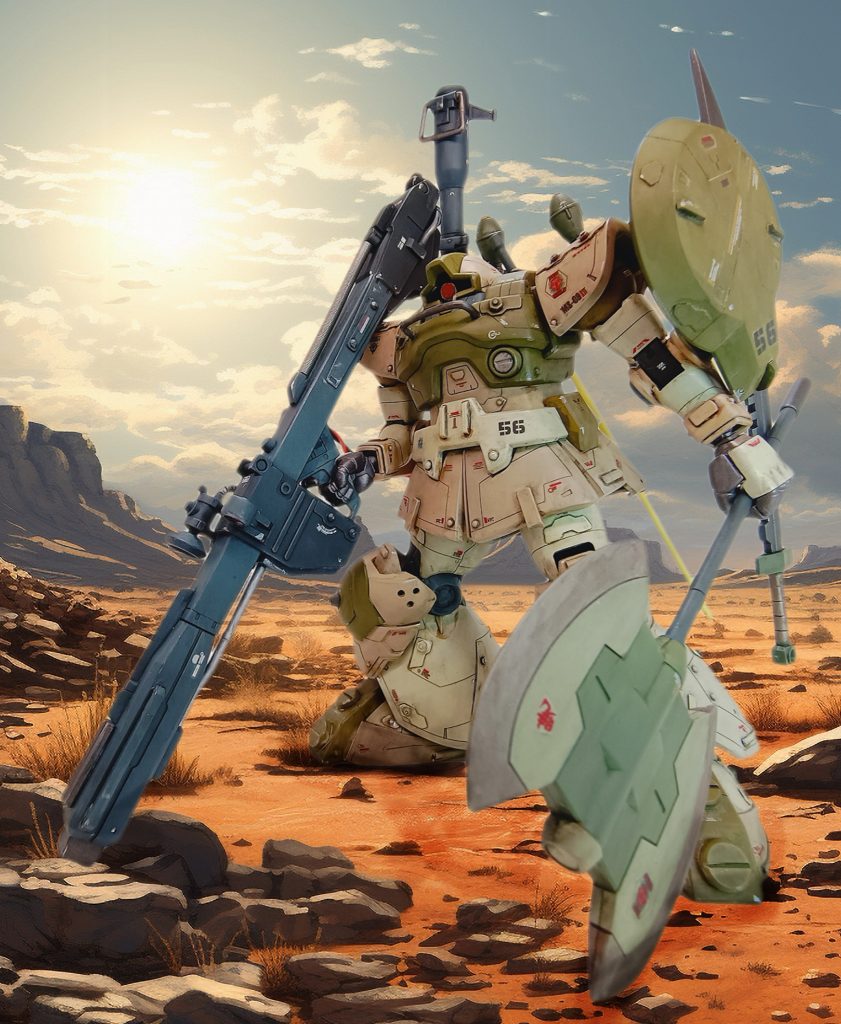 おっと、囁き声に釣られて大型剣をシールドにぶら下げて、大型ヒートアックスを追加装備してしまった😜さらに、併発するヨゴシスキー症候群。キレイなドムと言いつつ、結局汚してしまう〜。カメラ性能が上がっても汚しはうまく写らない😭。。”汚しが足りない”と囁く声が。。