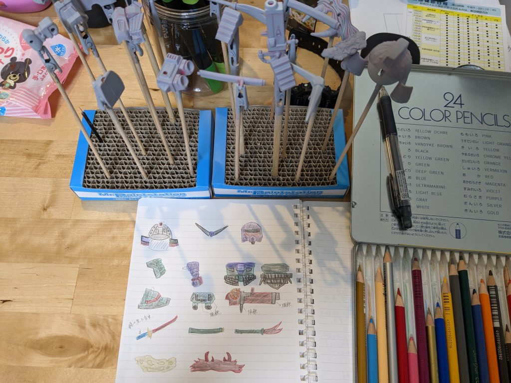 サーフェイサー吹いて塗り分けノートを描きます。ゾンビなのでどす黒いグリーンを想定していました。(この通り調色できるかは置いといて💦)