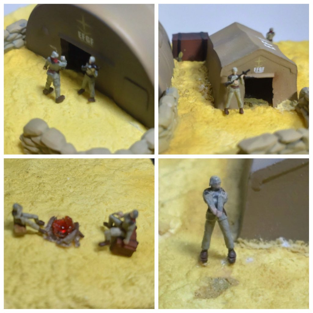 敬礼してテントに入る兵士や、番兵、起きて焚き火を囲む兵士、そして、一番力が入ったのが立ち○ョンする兵士です。川口名人の作品でもジオン兵が立ち○ョンされていたので、連邦兵でもするよなぁ〜と作成しました。戦闘前に怖さを紛らわすために飲み過ぎて、夜明けにトイレに起きる、私みたいな兵士もきっといるだろうと思いました。