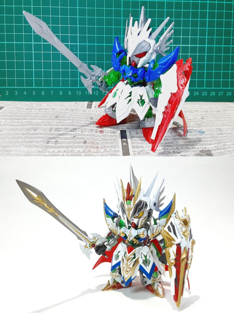 塗装前との比較加工は全体のシャープ化、肉抜き処理。肩やトサカはプラ板を貼ってシャープに。個人的に過去一パチ状態での違和感がすごかった印象です