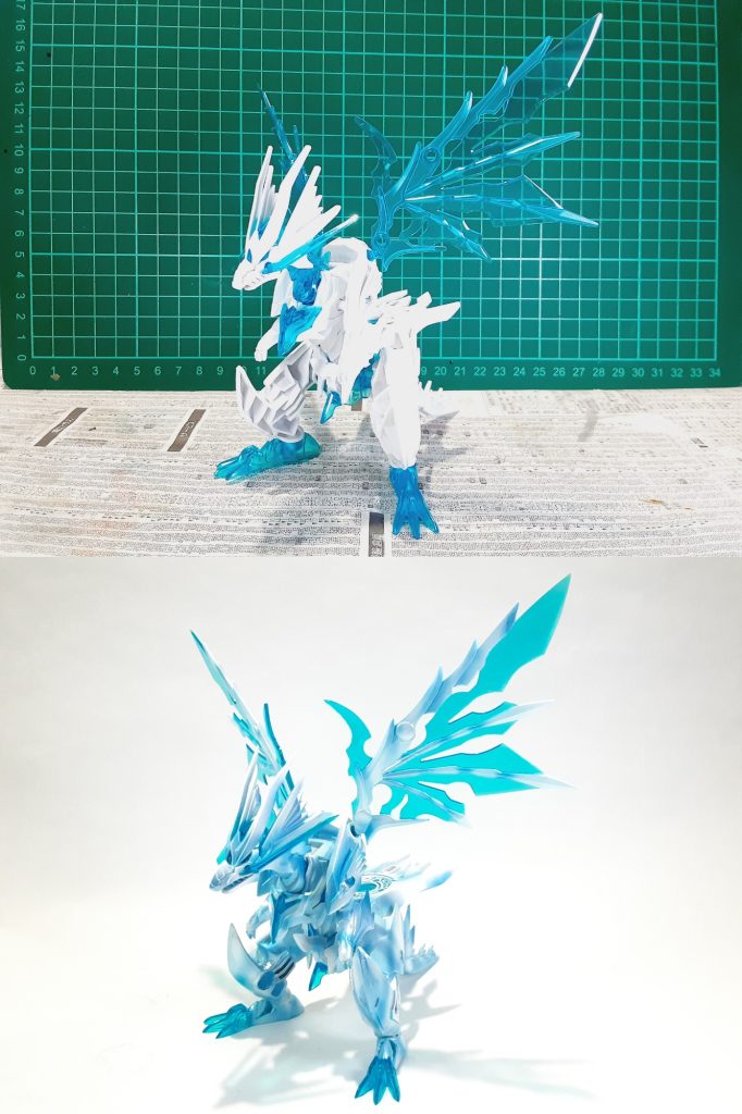 塗装前との比較基本的な加工は全体のシャープ化、肉抜き処理肩や膝はプラ板を貼ってシャープ化、爪は分割、腕やしっぽは切断して可動を仕込み、羽.腕.脚にある3㎜ジョイントは使用しないので塞いで整形してます