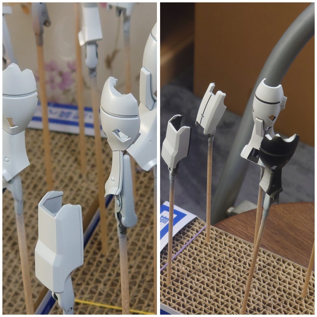 外装パーツの黒ラインはエナメル塗料でやってみても??マスキングして塗装の予定でしたが、ステイメンくらいの黒部分塗装をエナメル拭取りでやったらどうなるんだろうと思って挑戦しました色々注意しながらやったので特に白塗装への影響、問題はなかったですが、拭取りもマスキングくらい慎重になったので大変でした