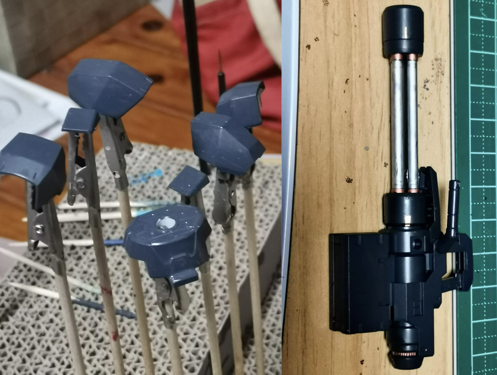 アンテナ以外の白パーツは全て「MSファントムグレー」で筆塗装しました。「悪役機だから、ダーク系がいいよね」という自己設定です。ガトリングは「カッパー」「クロームシルバー」で筆塗装しました。