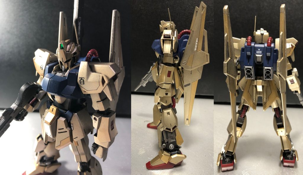 3体目の挑戦でしたが、結果すごく気にいる物ができました。メタリックの塗装、中々難しかったです。うすーく回数重ねてやると上手く出来たような。これで合ってるのかな??あと、部分塗装を筆塗りでしたのですが。これまた難しいですね。ムラがひどく出てしまいました。全ての工程で技術を身につけなきゃいけないって、中々奥が深い趣味なんだなぁと。モデラーの方々ってすごいんだなと改めて思いました。最後に一部パーツを組んでから墨入れをしてしまったので肩アーマーが割れてしまいましたが、戒めにそのままにしております。(心が折れて修正しなかっただけ。。。)
