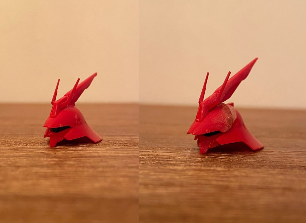 頭部Before→After。額のパーツを延長して、角度も急にしてモノアイスリットを狭め、頭頂部の角？の角度を起こしています。